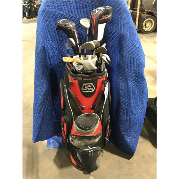 RED BURTON GOLF BAG WITH 12 ASSORTED RIGHT HANDED GOLF CLUBS