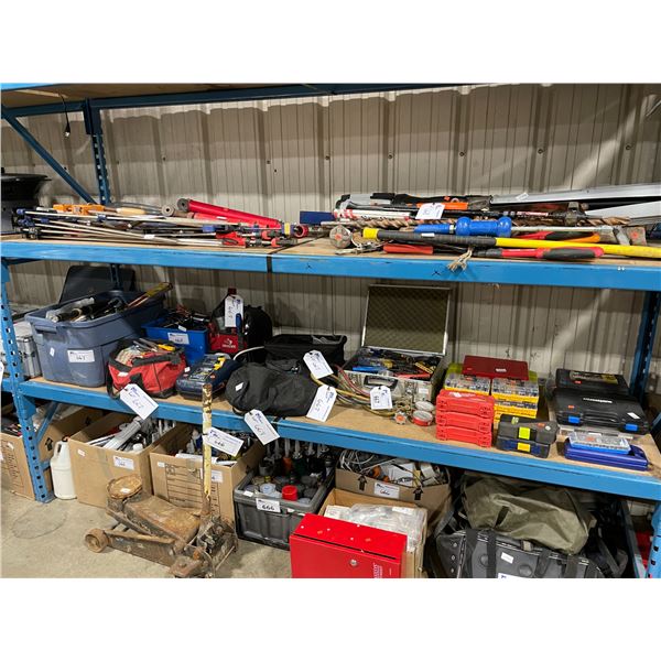 SHELF OF ASSORTED HAND TOOLS, TOOL BAGS, BIT SETS & MASTERCRAFT WET SHARPENER