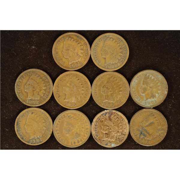 10 ASSORTED 1900'S INDIAN HEAD CENTS
