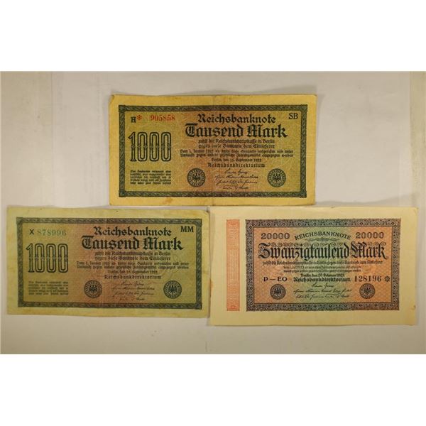 3 PIECES OF GERMAN CURRENCY 2-1922-1000 MARKS &