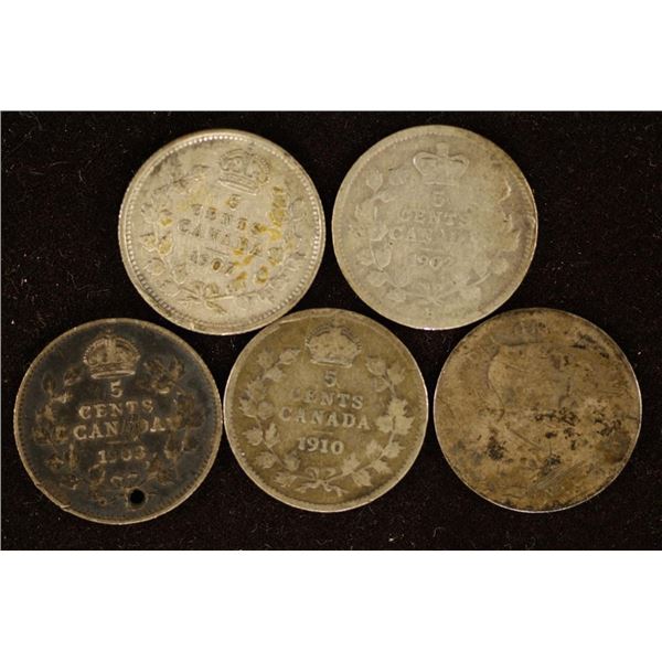 5 ASSORTED CANADA SILVER 5 CENTS, 1 BENT, 1 HOLED,