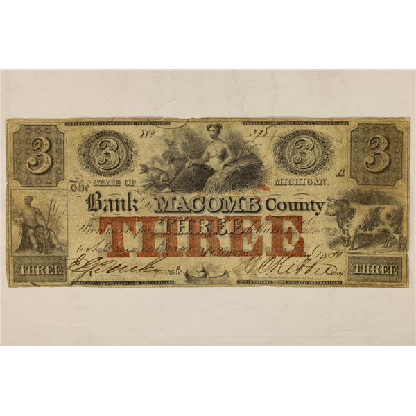 1800'S BANK OF MACOMB COUNTY MICHIGAN OBSOLETE