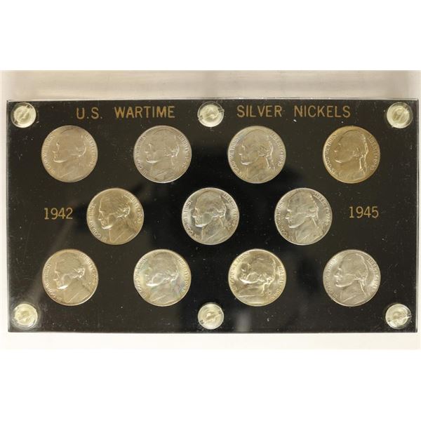 1942-1945 US WAR TIME SILVER NICKEL SET IN PLASTIC