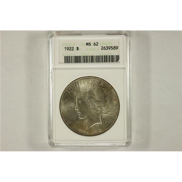 1922 PEACE SILVER DOLLAR ANACS MS62