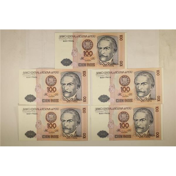 5-1987 PERU 100 INTIS CONSECUTIVE SERIAL NUMBERS