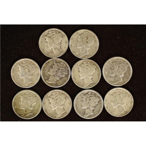 10 ASSORTED 1940'S MERCURY DIMES