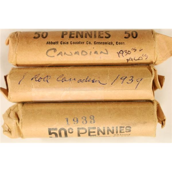 3-50 CENT ROLLS OF CANADIAN 1 CENTS, SOLID DATE