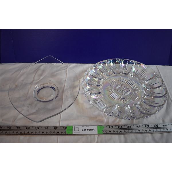 Iridescent Separated Glass Dish and Etched Glass Dish