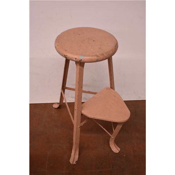 *Pink Wooden Stool with Fold-out Footstool