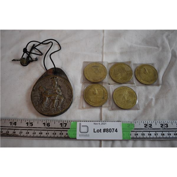 Wooden Medallion with 1968 Pioneer Trade Dollars