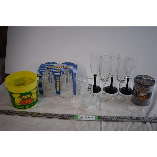 Glass Cups, Champagne Flutes, Peanut Butter Bucket, and Cigarette Tin