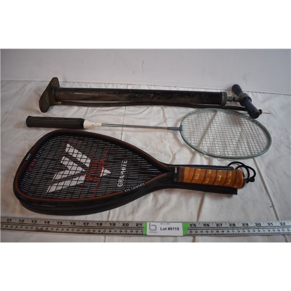 Squash Racket, Badminton Racket, and Bike Pump