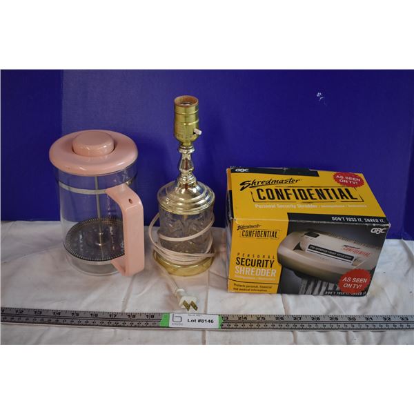 French Press, Lamp, and Paper Shredder