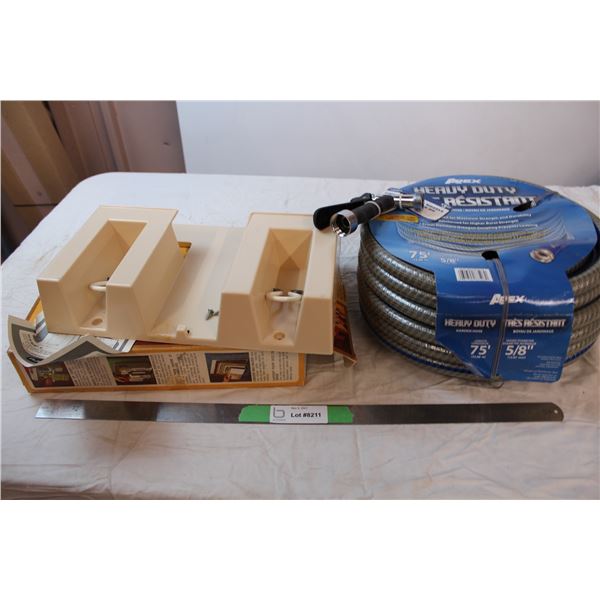 Heavy duty garden hose 75’, hose nozzle, vintage boom/mop holder