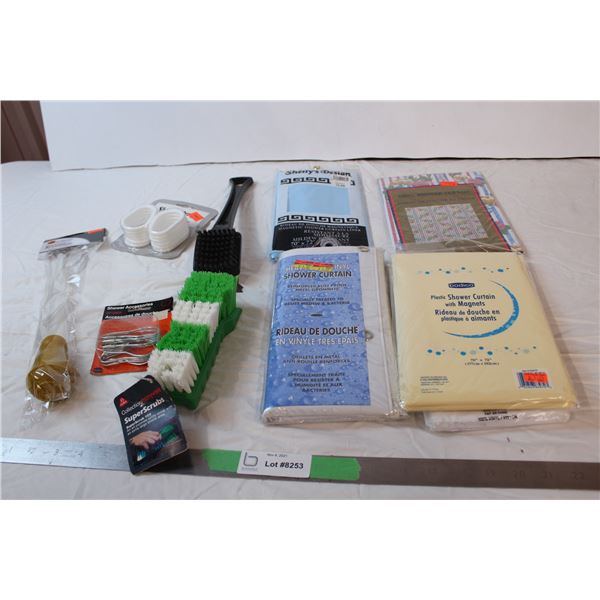 misc. Items; shower curtains, turkey baster, cleaning brushes