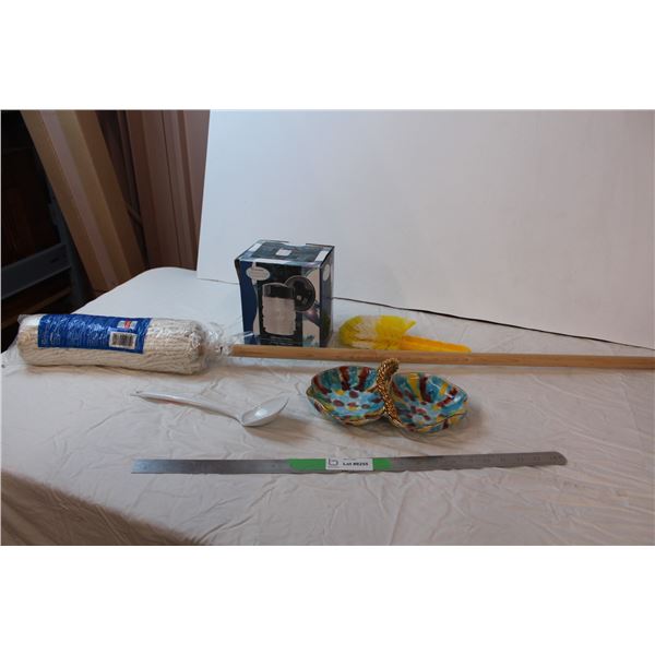 misc. Items; decorative dish, outdoor light, mop