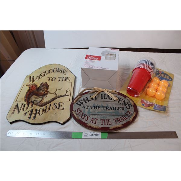 misc. Items; beer pong, wall hangings, wall lamp