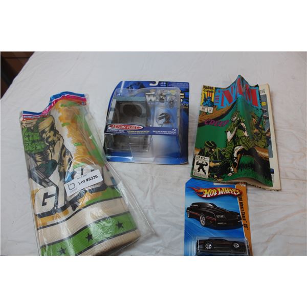 Hot wheels car in box, Star Wars episode 1 action fleet model, GI Joe table cloth, “The Nam” comic b