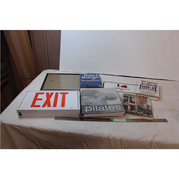 Misc. Items; Exit sign, books, photo frame