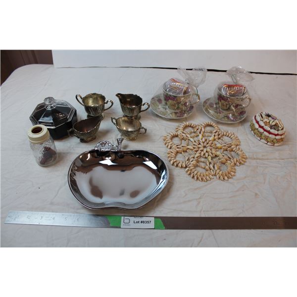 misc. Items; tea cups, silver plated milk and sugar, shell decor