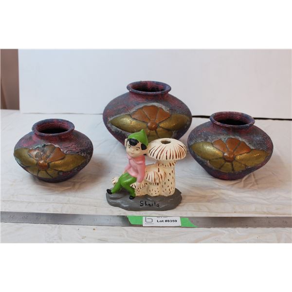 Set of three decorative pots, ceramic gnome