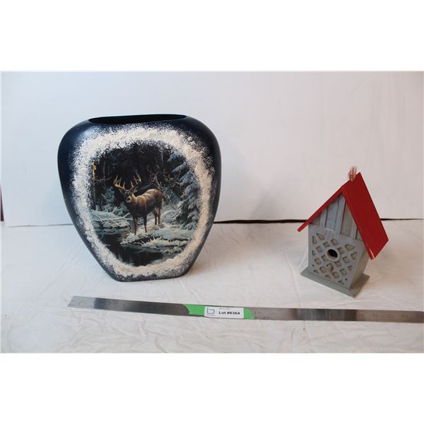 Painted vase, painted birdhouse