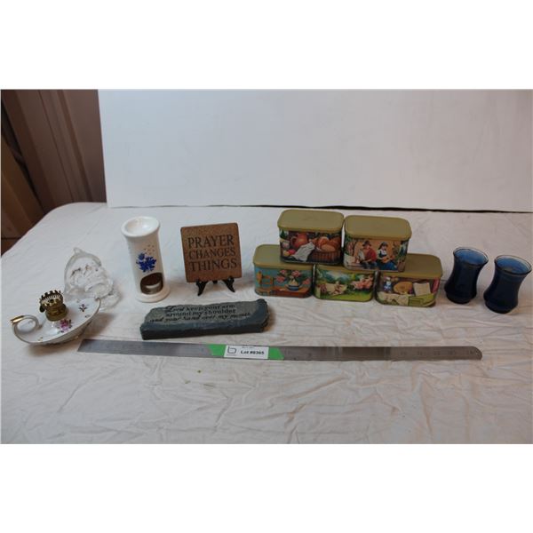 misc. Items; oil lamp, tins, religious decor
