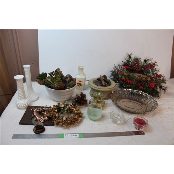 Misc. Items; wreath, candles, wooden decor