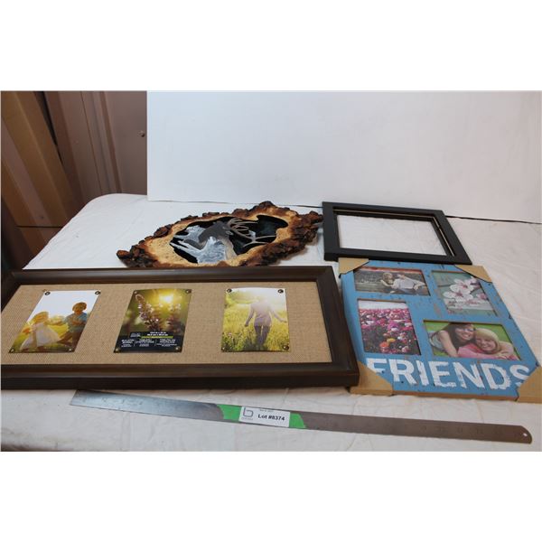 misc. Items; bulletin board, photo frames, wildlife art