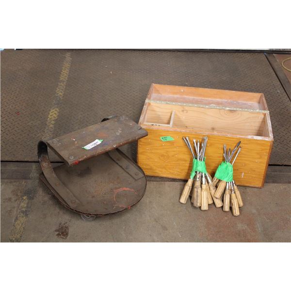*homemade wooden tool box, wooden handled screwdrivers, wheeled bench