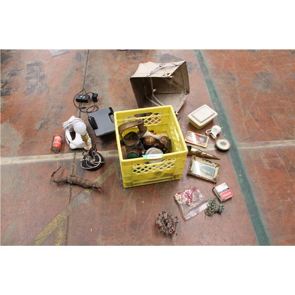 *crate of misc items; alligator skin, sony ipod dock, framed photos