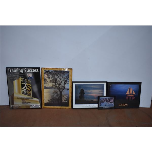 Wood Framed Picture + (4) Framed Pictures