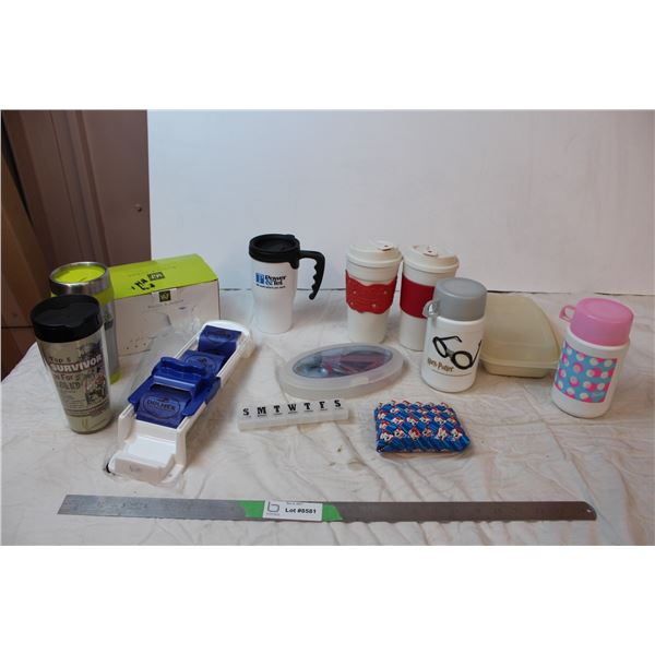 Misc. Items; mugs, children’s thermos, sushi roller
