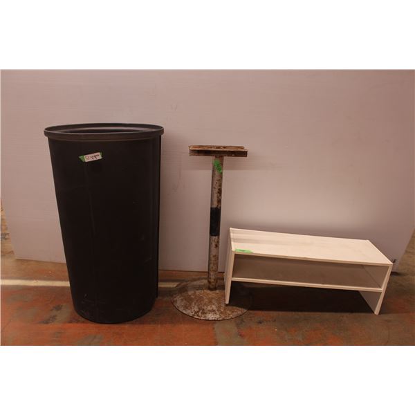 Water softener tub, metal stand, wooden shoe rack