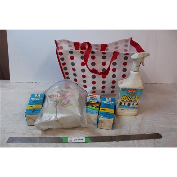 Variety of insecticides in plastic tote