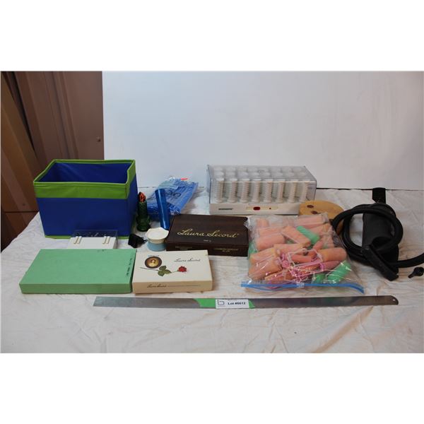 Misc. Items; Hair curlers, Laura Secord boxes, air pump