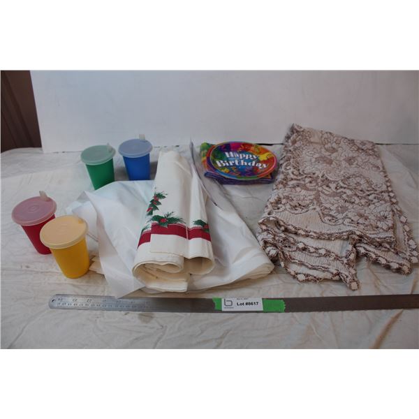 Table cloths, plastic cups with lids, disposable plates