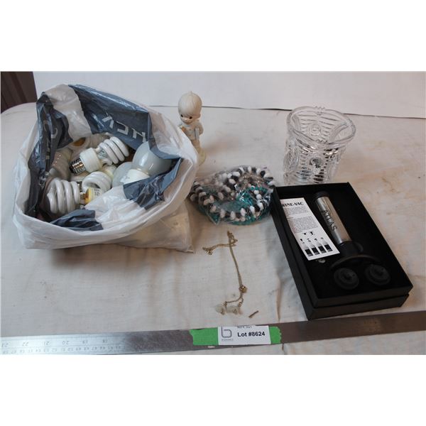 Misc. Items; Precious moments figure, Wine vac, new working light bulbs