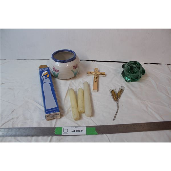 Misc items; Purification candles, ceramic pottery bowl (hand made/painted), Glass frog candle holder