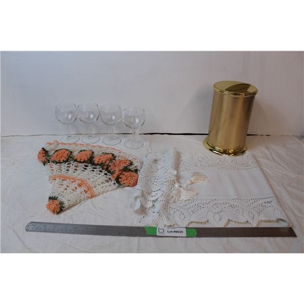 Set of glasses, Tablerunner, doily, plastic wine chiller