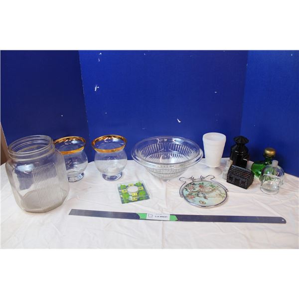 Lot of glass items; candle holders, vases, perfume bottles