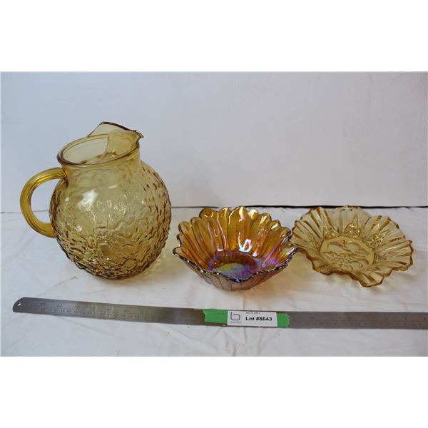 Carnival glass bowl, vintage honey gold anchor hocking bubble glass pitcher and treat dish