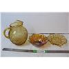 Image 1 : Carnival glass bowl, vintage honey gold anchor hocking bubble glass pitcher and treat dish