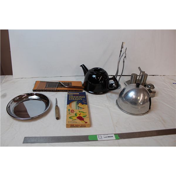 Vintage straws, Ceramic tea pot w/ Metal cosy (Royal Canadian Dripless teapot), vintage cake cutter