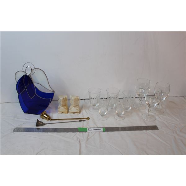 Misc. Items; Stained glass angel, carved stone decor, glassware