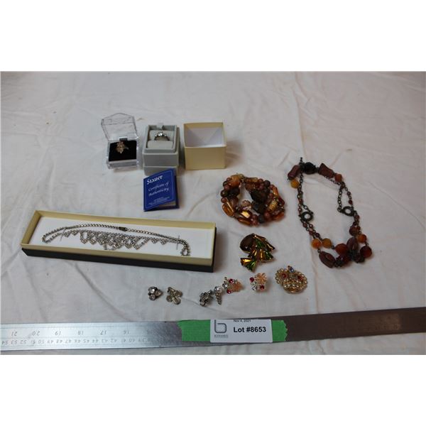 Lot of jewelry; Stauer Diamond aura ring, vintage necklaces, pins
