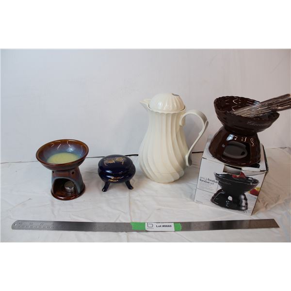 Fondue set, Theromos brand pitcher, wax melt