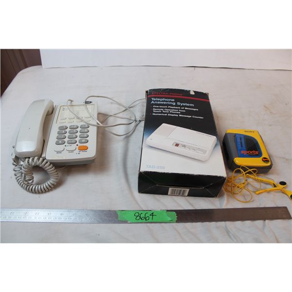 Landline corded telephone, Sony casette player/radio with earbuds, Answering machine