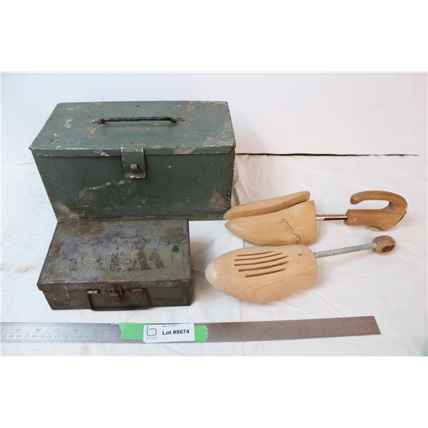 Vintage military style metal tins, Shoe forms