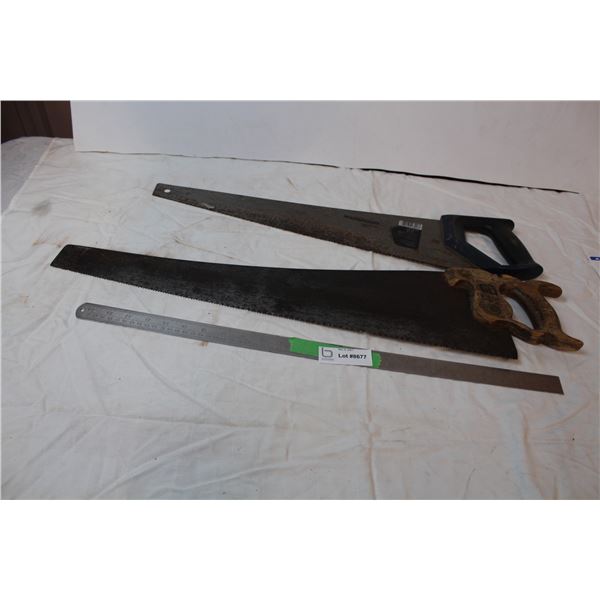 Two hand saws, one wooden handle
